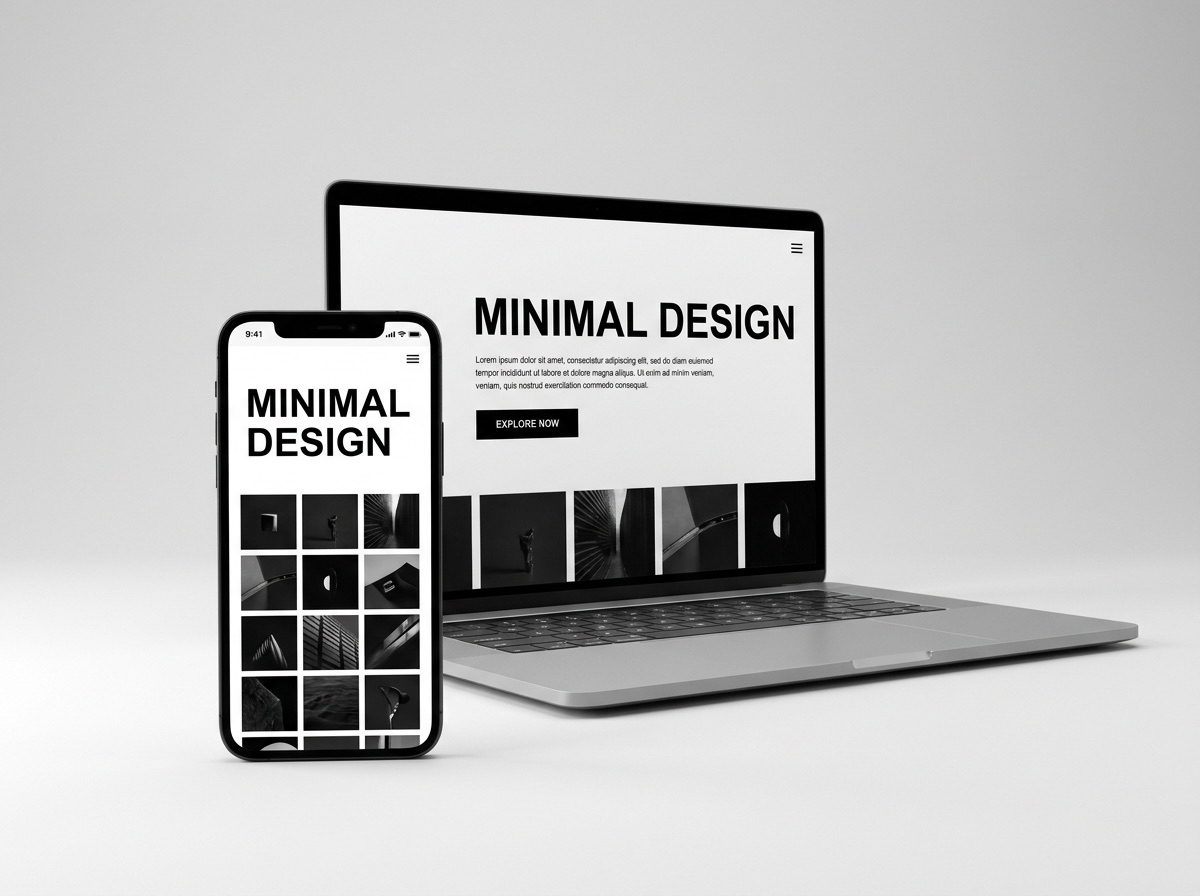 A phone and a laptop showing the same minimal website